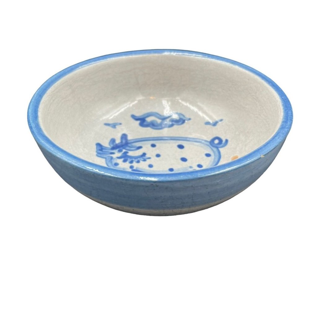 M A Hadley Pottery Cereal Bowl Pig Blue White 5.5 Inch Chip - Picture 2 of 6